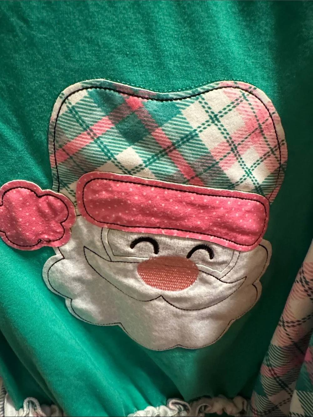 Girls Green Santa Appliqué Set with Pink Plaid Pants
